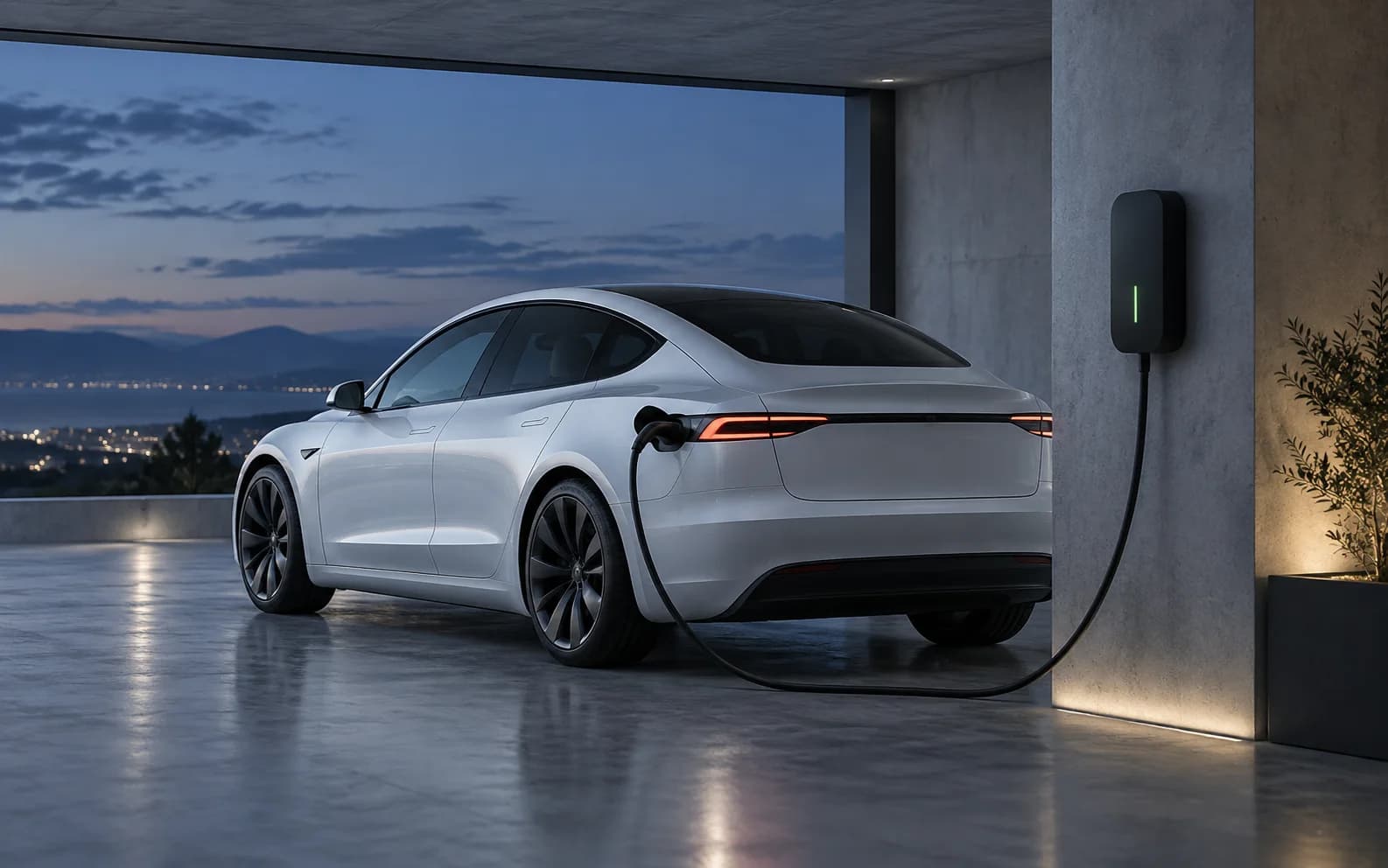 A white electric sedan charging in a modern home garage at dusk